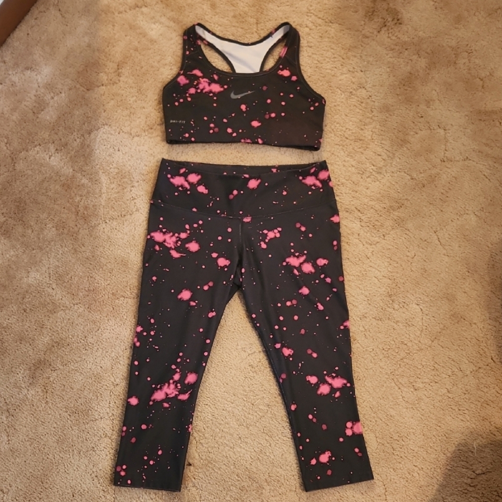 Nike Dri-Fit Women's M Black and Pink Splatter Cropped Leggings & Sports Bra